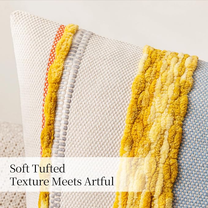 ANRODUO Boho Decorative Throw Pillow Covers Yellow Stripe 18x18 Pack of 2 | Throw Pillow Covers, Farmhouse Cushion Case, Chenille Pillow Cases, Pillow Covers, Neutral Pillowcase for Sofa Couch Bed