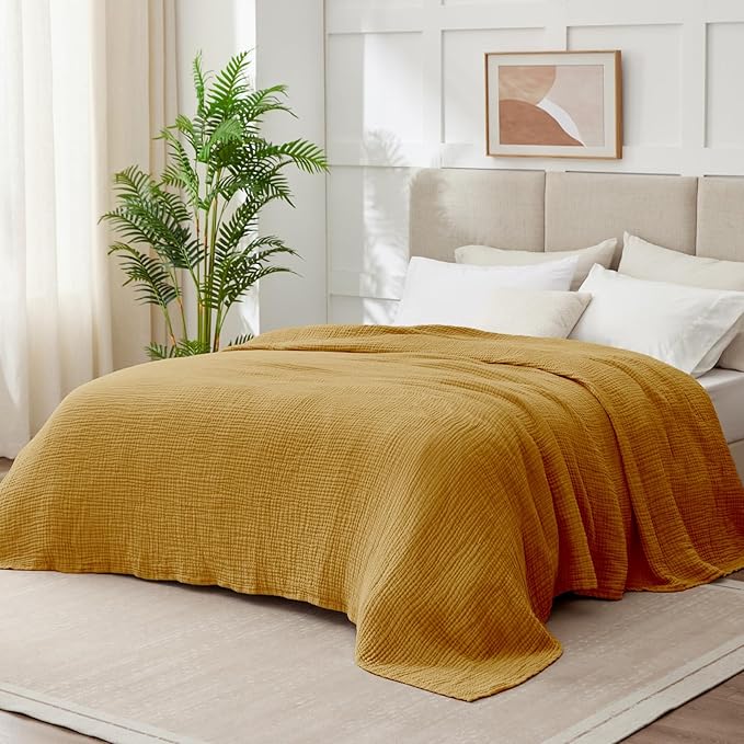 100% Cotton Muslin Blanket 50"x 60", 6 Layers Breathable and Lightweight Cotton Throw Blankets for Couch, Soft Cooling Summer Gauze Blanket for Adults All Season, Mustard