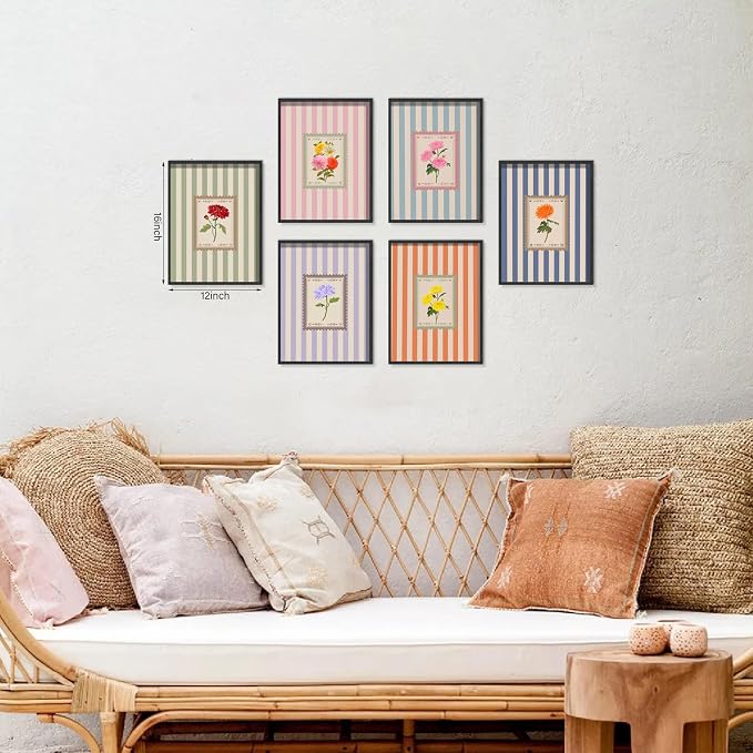 Vintage Floral Posters Wall Art Set of 6, Coquette Cute Stripe Botanical Stamp Canvas Wall Decor Painting, Colorful Flower Artwork Posters Prints for Bedroom Girls Room Dorm 12x16 Inch Unframed
