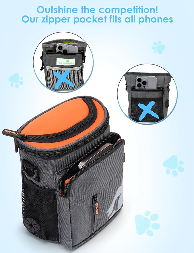 Gobeigo 8 Cup Dog Treat Pouch with Training Clicker(Gray & Orange) | 3 Ways to Wear/Built-in Poop Bag Dispenser/Zipper Front Pocket Phone Friendly Treat Bag for Pet Training & Walking