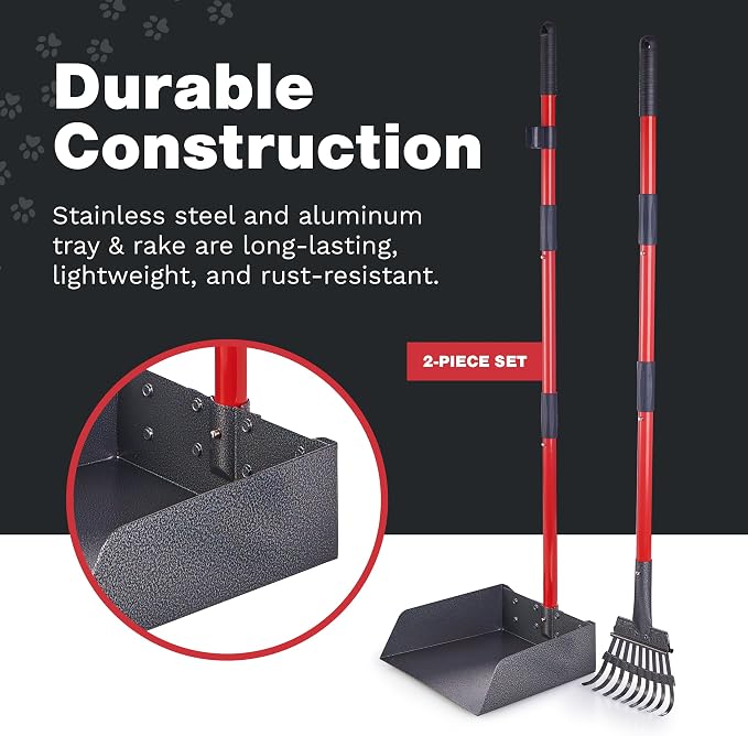 Metal Pooper Scooper for Dogs with Heavy Duty Long Handle Rake & XL Tray | Rustproof Aluminum Poop Scooper for Large Dogs with 9”W 9.5”L Extra Large Tray for Yard, Grass, Dirt & Gravel