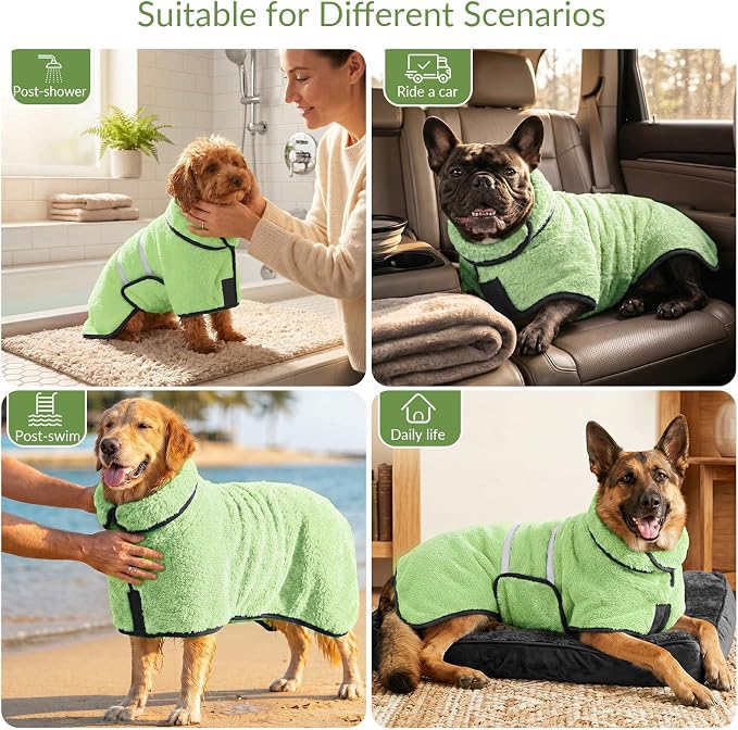Dog Bathrobe, Super Absorbent for Small to Large Dogs, Neon Green L | Dog Robes with Soft Fleece, Warm & Cozy, Adjustable Fit, and Quick Drying Coat for Baths Swimming and Grooming