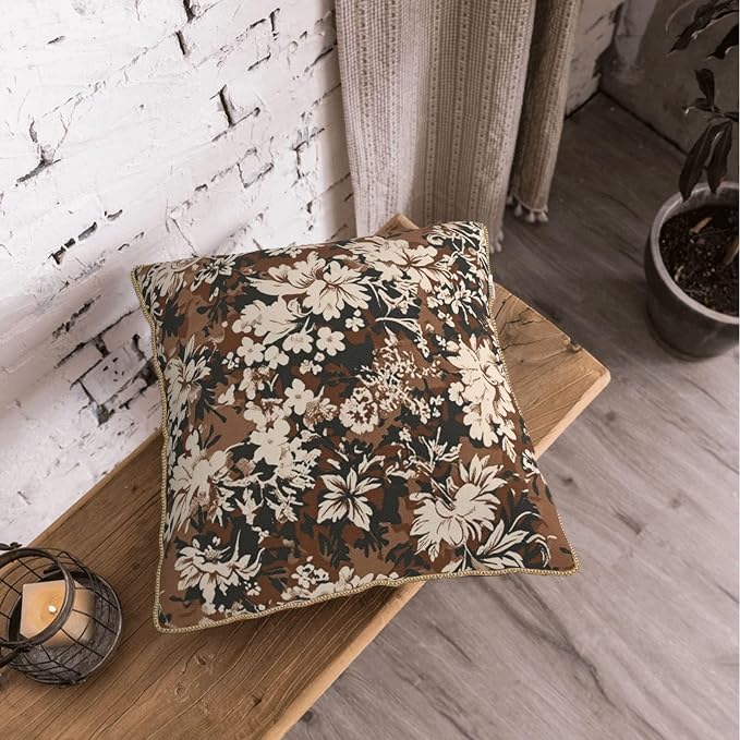 Vintage Brown Cream Floral Velvet Pillow Covers 20x20 Inch Tapestry Neutral Flowers Throw Pillows for Couch Cushion Covers Pillowcase Boho Farmhouse Pillow Cases for Sofa Bed Bedroom