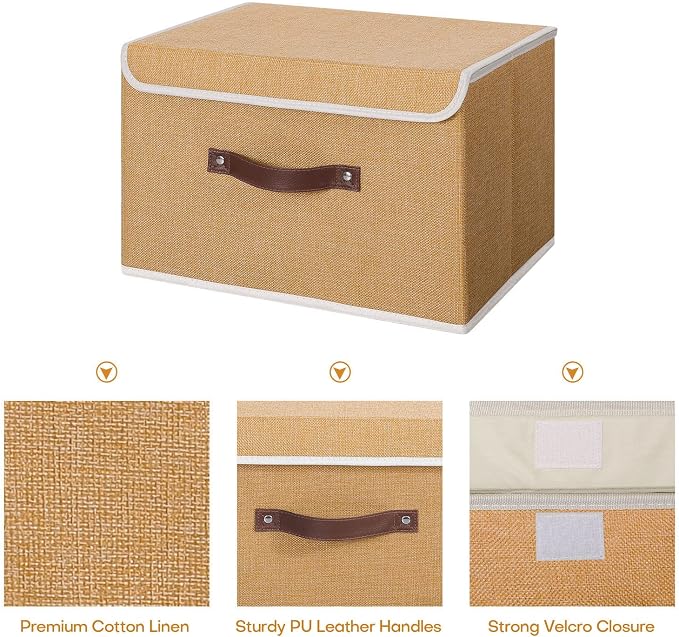 ANMINY Fabric Storage Box Bins with Lids, Khaki, 15"x10"x10", 4 Pack | Keepsake Memory Storage, Cotton Linen, PP Board Reinforced, Washable, PU Handles, Foldable & Stackable, Decorative, Large