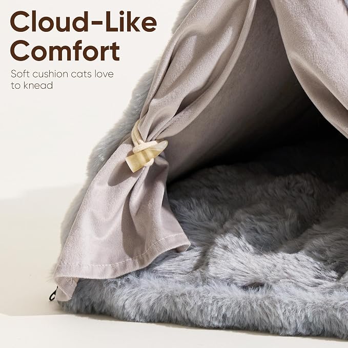 FUKUMARU Cat Cave Bed, Sturdy Frame Washable Cat Tent Bed with Curtain | Semi-Enclosed Cat Hideaway for Anxious Cats, Large Cozy Cat House for Indoor Cats, Soft Plush Covered Dog Bed, Grey