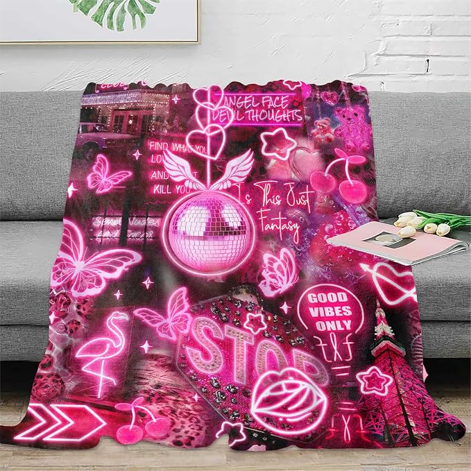 Blacklight Pink Collage Throw Blankets UV Reactive Aesthetic Throw Blanket Glow in the Dark Under Black Lights Game Room Decor Soft Throw Gifts 59x51 Inches