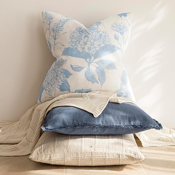 Foindtower Set of 2 Linen Floral Vintage Throw Pillow Covers Neutral Accent Decorative Cozy Cushion Covers Farmhouse Boho Home Decor for Sofa Chair Couch Bedroom Living Room,20×20 Inch,Sky Blue