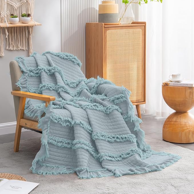 Ultra Soft Pre-Washed Quilted Boho Blue King Size Blankets for Bed, Ruffle Fringed Decorative Throw, Stone Washed Chic Rustic Blanket for Sofa Couch Bed, 104"*90"