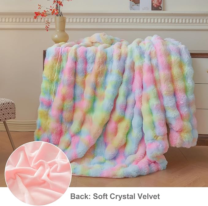 LIFEREVO Luxury Fluffy Faux Rabbit Fur Throw Blanket 60x80, Rainbow | Plush Fuzzy Bubble Lap Throw for Couch Sofa Office, Soft Cozy Tie Dye Furry Bed Blanket Home Decor, Washable & Skin-friendly