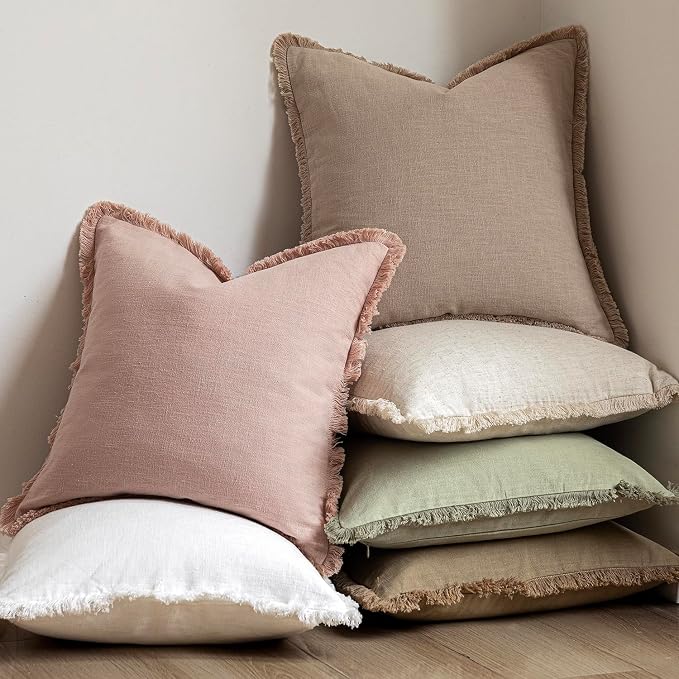 Foindtower Set of 2 Decorative Linen Fringe Throw Pillow Covers Cozy Boho Farmhouse Cushion Cover with Tassels Soft Accent Pillowcase for Couch Sofa Bed Living Room Home Decor,26×26 Inch,Light Pink
