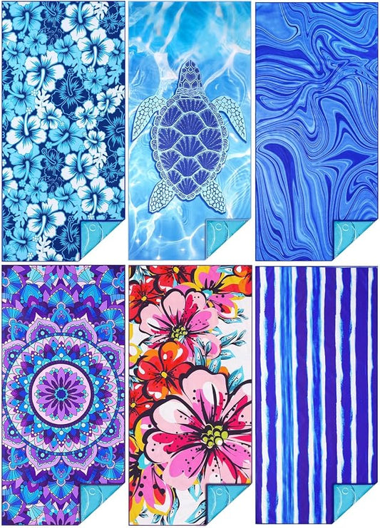TwoYek 6 Pack Microfiber Thin Beach Towel Lightweight 71x32 Oversized Extra Large Sand Free Towels Quick Dry for Travel Pool Yoga Gym Sports Beach Accessories Vacation Essential Gift