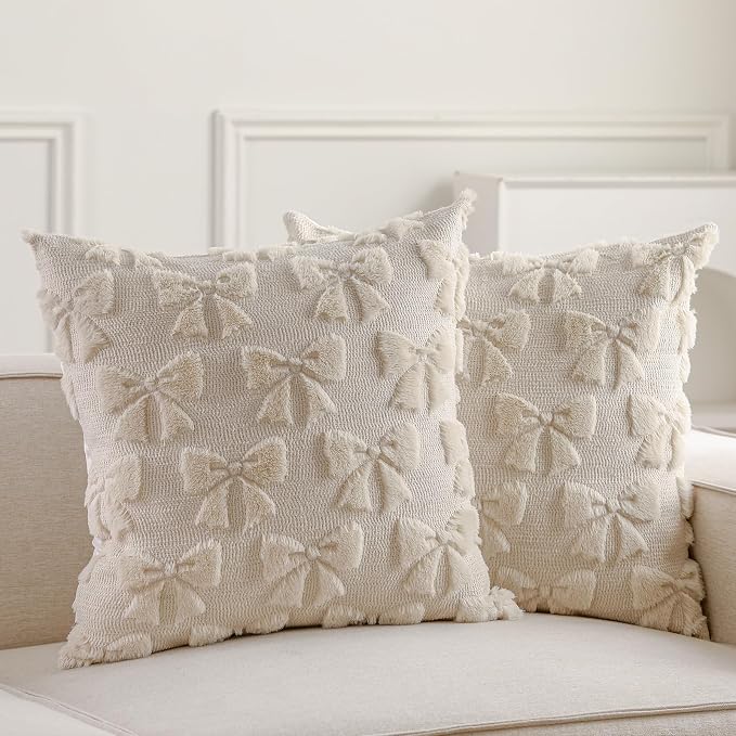 Mixweer Beige Bow Pillow Covers Set of 2 Preppy Room Decor Coquette Cute Spring Summer Decorative Faux Fur Soft Bowknot Stuff Fluffy Plush Aesthetic Pillowcase for Bed Sofa Couch (20 x 20 Inch)
