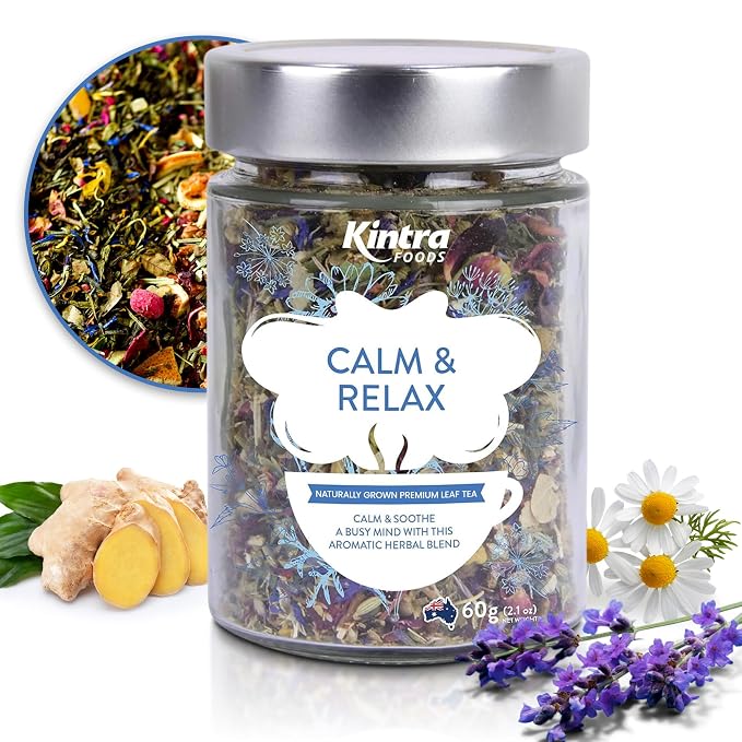 Kintra Foods Calm & Relax Loose Leaf | Herbal Blend With Chamomile, Lavender and Passionflower | Soothing Tea | Caffeine-Free Calming Tea | 60g Jar for Ultimate Relaxation