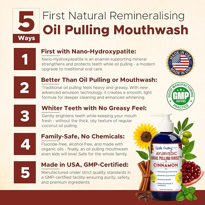 Ayurvedic Nano Hydroxyapatite Oil Pulling for Teeth and Gums | Cinnamon Flavored Organic Oral Rinse Mouthwash for Bad Breath | Essential Oils for Teeth Whitening, Gum Regrowth & Fresh Breath-8 FL Oz