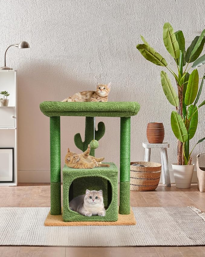 SYANDLVY 27" Cactus Cat Tree for Indoor Cats, Green Modern Activity Tower | Scratching Posts, Kitten Condo with Plush Perch & Hanging Ball for Play
