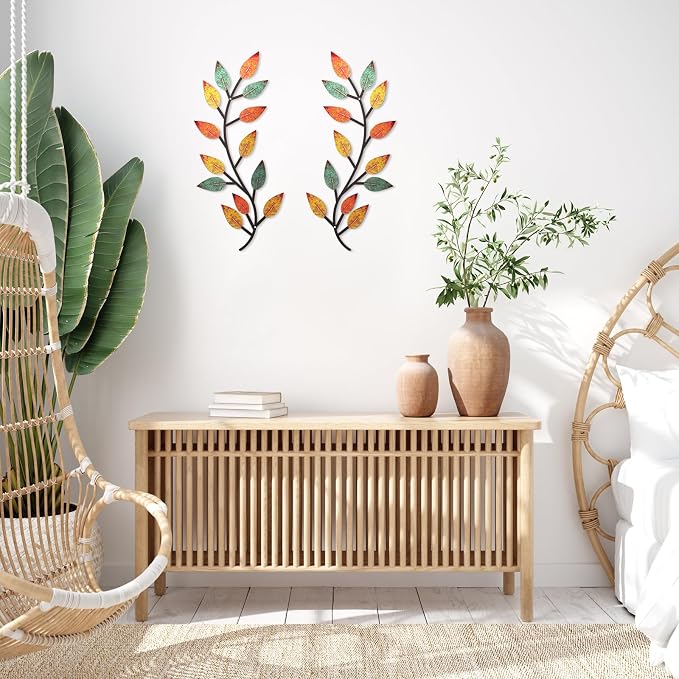 Zhengmy 2 Pcs Metal Leaf Wall Art Vine Branch Decor,Lively Colors | Olive Branch Metal Decor for Living Room Hallway, Symmetrical Leaf Pair for Doorway Entryway, Lightweight Hanging Art Design