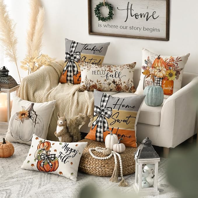 AVOIN colorlife Fall White Pumpkin Vase 18x18 Inch Pillow Covers Set of 4 | Home Sweet Home Autumn Thankful Grateful Blessed Harvest Floral Seasonal Harvest Decoration Sofa Couch Farmhouse Decor