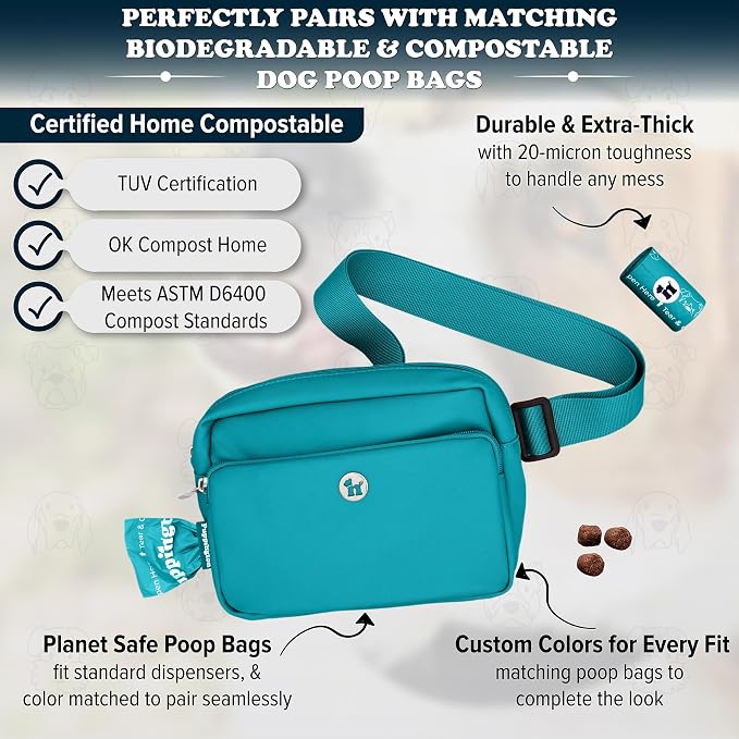 Puppington 3-in-1 Crossbody Bag & Dog Treat Pouch for Pet Training - Matching Compostable Poop Bags, Built-In Poop Bag Dispenser & Slow-Feeding Travel Dog Bowl - Dog Walking Bag (Lagoon Teal)