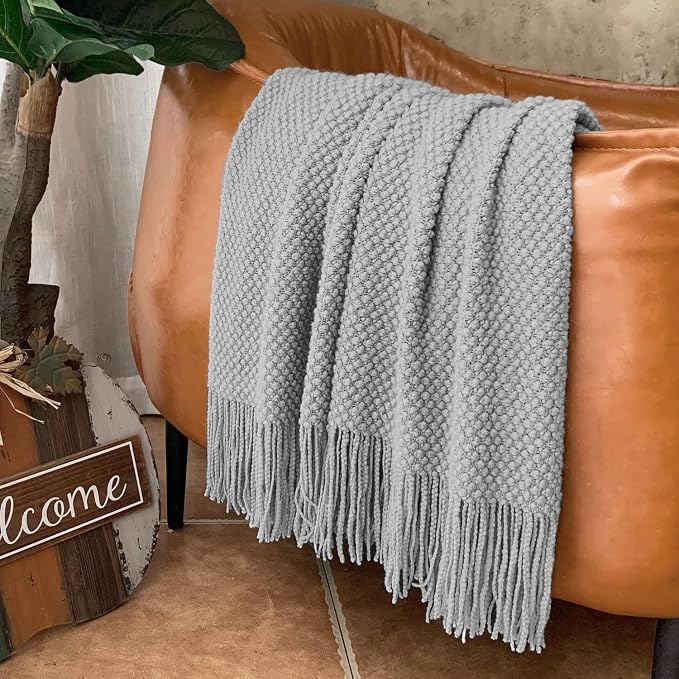 LOMAO Knitted Throw Blanket with Tassels Bubble Textured Soft Lightweight Throws for Couch Cover Home Decor (Light Grey, 50x60)