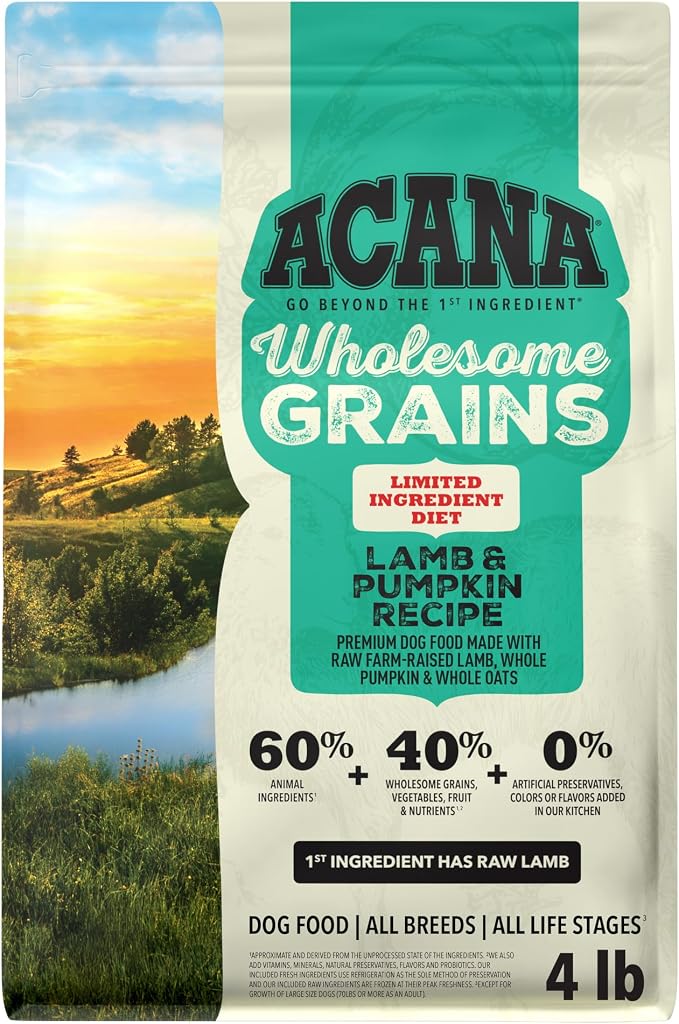 ACANA Wholesome Grains Dry Dog Food Lamb & Pumpkin 4lb Bag | Freeze Dried, High Protein, Made in the USA, Includes Probiotics, Omega-3 Fatty Acids, Global Quality Ingredients