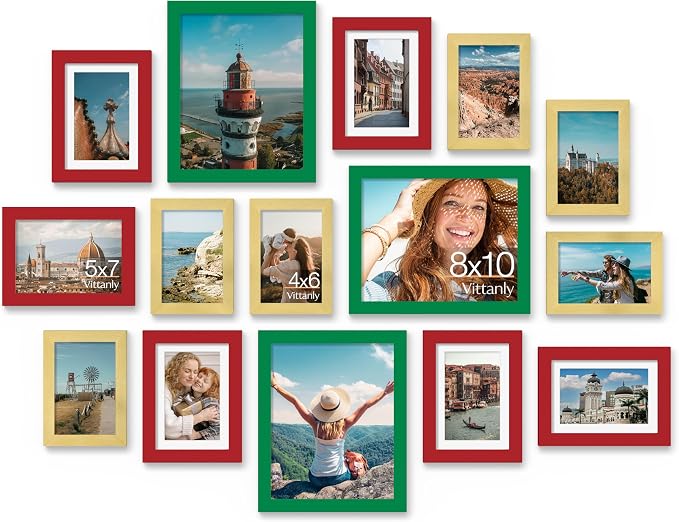 Vittanly 15 Pack Gallery Wall Frame Set, Green, Red, Gold | Picture Frames Collage Wall Decor: 3pcs 8x10, 6pcs 5x7, 6pcs 4x6. Picture Frame Set for Wall or Tabletop Display