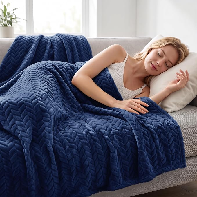 Exclusivo Mezcla Soft Fleece Bed Blanket Queen Size, 90”x90”, Navy Blue | Cozy Fluffy Lightweight Blankets for Summer, Decorative Plush Flannel Throws for Living room, Bedroom with Leaves Pattern