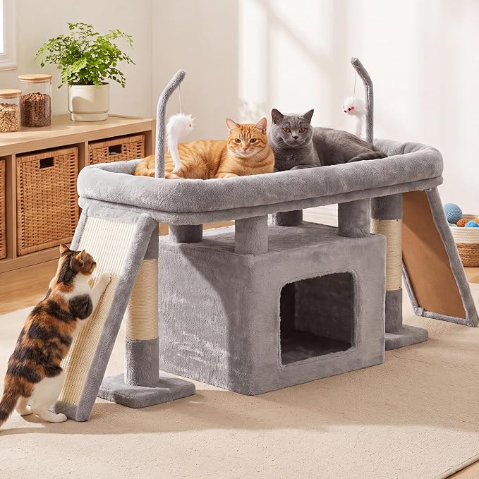 Heybly Cat Tree Extra-Long & Stable 2 Adjustable Scratch Boards HCT210SW | Easy-Climb Cat Tower with Dual-Leg Floor Condo, Sturdy Cat Furniture with Extra Wide Platform & Interactive Toys, Light Gray