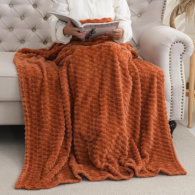 Puncuntex Burnt Orange Throw Blanket 60"×80" Fuzzy 3D Jacquard Decorative | Flannel Fleece Super Soft Plush Cozy Blanket for Couch Sofa Chair Lightweight