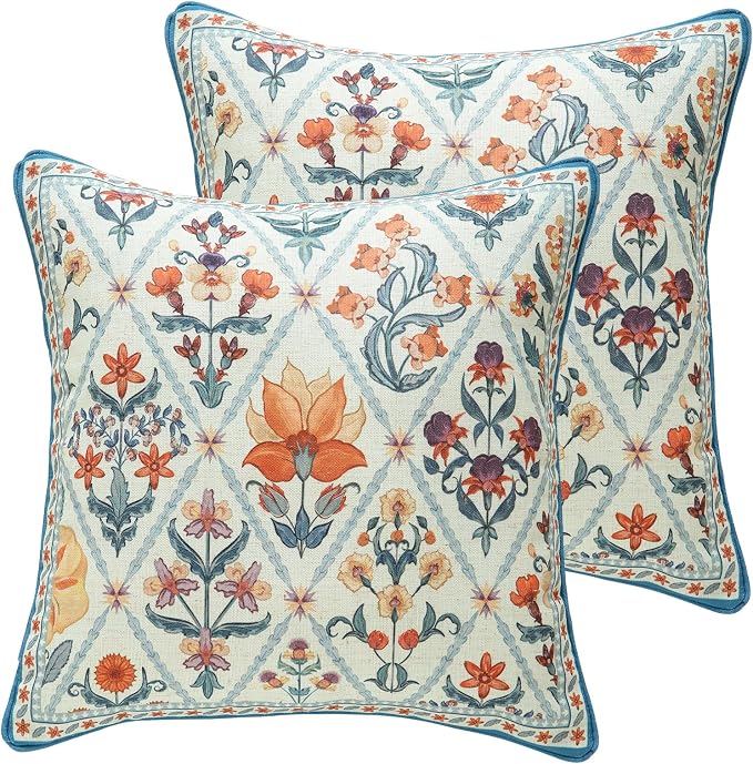 Linen Square Throw Pillow Cover,Set of 2,18"x18"-Floralsea A | Designer French Elegant Pillow Cover,Concealed Zipper Design,Sofa,Bedroom,Living Room,Lounge Chairs,All Season Home Decor