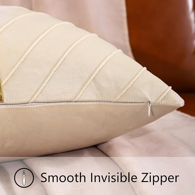 Velvet Throw Pillow Covers 20x20 inch Pack of 2 Gold Decor Cream | Soft Solid Pillow Covers,Modern Luxury Home Decor,for Couch Chair Sofa Bedroom Livingroom,Hidden Zipper,Ideal Gift,Easy Care