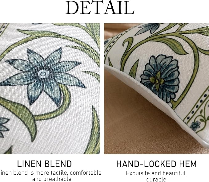 Designer Linen Throw Pillow Cover,Set of 2,20"x12"-Mosella D | Vintage Elegant Rectangle Decor Pillow Cover,Concealed Zipper Design,Floral Pattern,Sofa,Bedroom,Living Room,Lounge Chairs