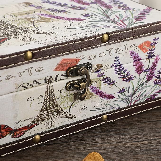 Hipiwe Chest Treasure Box Vintage Wooden + PU Leather Jewelry Boxes | Decorative Trinket Memento Case Box Keepsake Boxes Gifts Home Decor (Lavender)