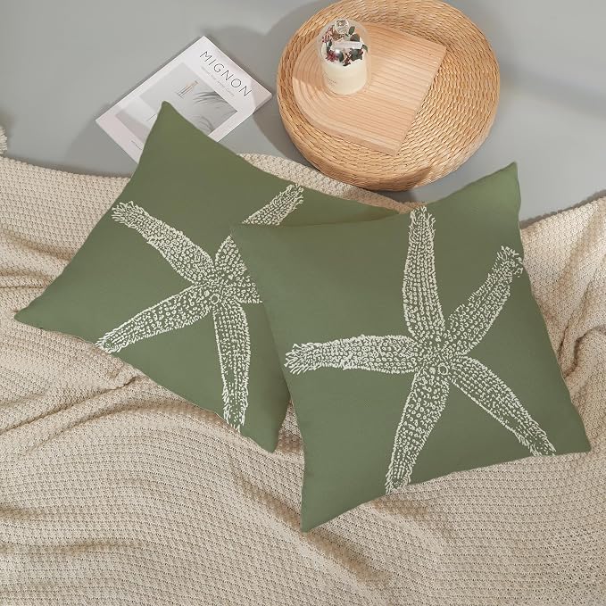 Coastal Pillow Covers 18x18 Set of 2 Sage Green Coral Starfish Throw Pillows Nautical Ocean Decorations Spring Summer Beach Pillowcase Outdoor Decor Linen Farmhouse Cushion Case for Home Sofa