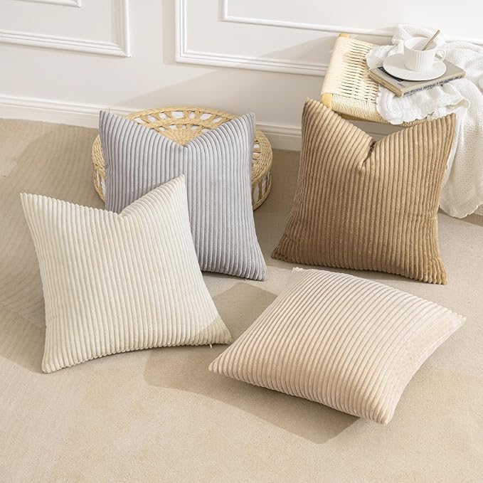 MIULEE Soft Corduroy Decorative Throw Pillow Covers Neutral 18x18 | Set of 4, Mid Century Home Decor, Cream Brown Collection, Boho Farmhouse Cushion Covers for Couch Bed Sofa Living Room