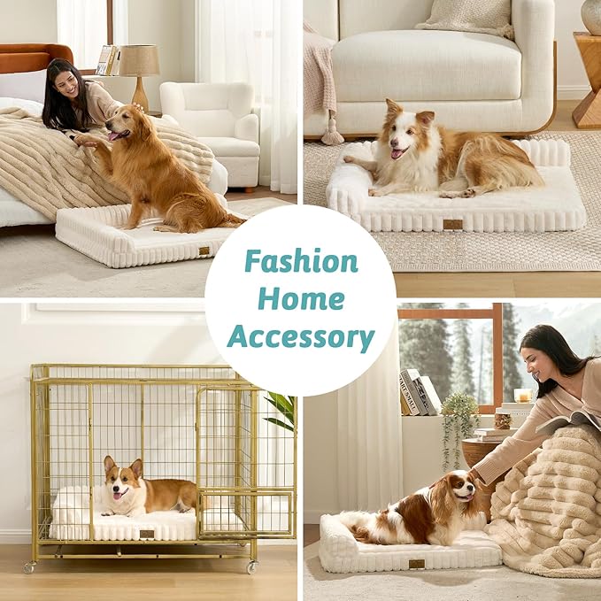 COZY KISS Faux Rabbit Fur Extra Large Dog Bed – 48"x35" Orthopedic Foam Couch with Sides, Removable Washable Cover & Waterproof Lining, Cream