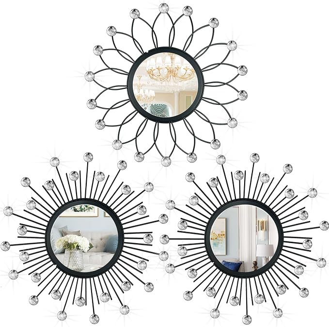 3 Pack Metal Mirrors for Wall Sunburst Wall Mirrors Home Décor Decorative Hanging Wall Art for Living Room Bedroom Entryway (Black Crystal, Flower+Sunburst)