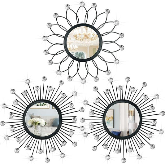 3 Pack Metal Mirrors for Wall Sunburst Wall Mirrors Home Décor Decorative Hanging Wall Art for Living Room Bedroom Entryway (Black Crystal, Flower+Sunburst)
