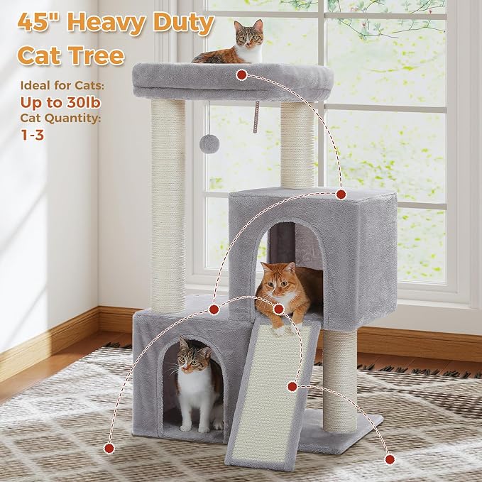 PAWZ Road Large Cat Tree, 45" Heavy Duty Cat Tower with Dual Condos, Gray | thick scratching posts(φ4.3"), 21"x21" spacious perch, large scratching ramp, dual condos for large&maine cats