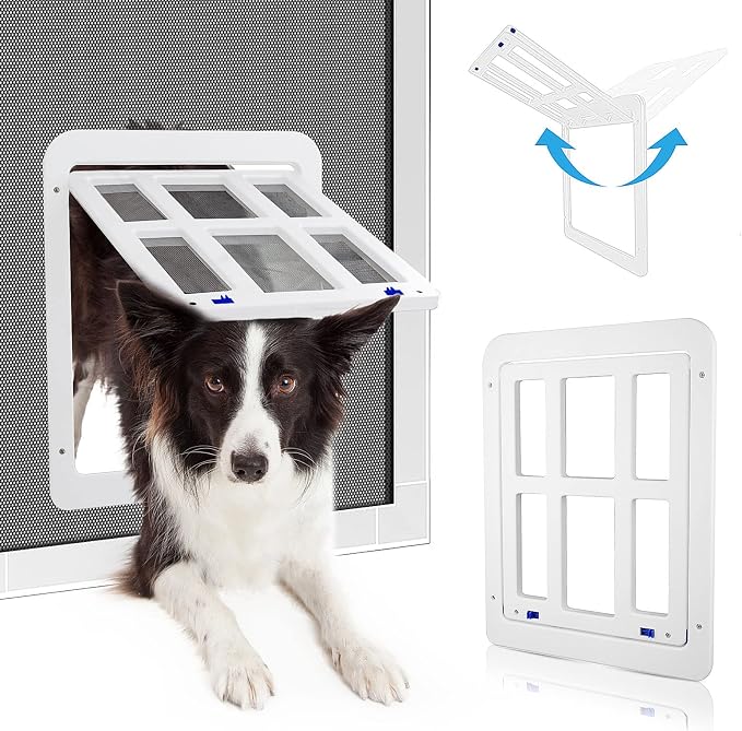 Dog Door for Sliding Door, Lockable Dog Screen Door with Magnetic Closure Easy Install Pet Door for Dogs Cats, Inner Flap 11.2 x 14.4 inches, White L