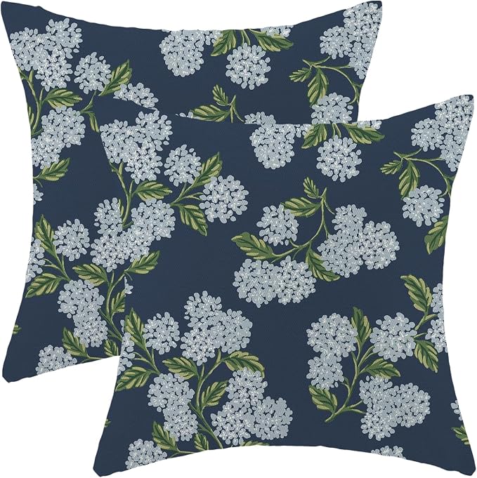 AEIOAE Spring Pillow Covers 18x18 Inch Set of 2, Navy Blue Green Hydrangea Flower Throw Pillows Case,Floral Summer Outdoor Seasonal Decorative Farmhouse Decor Cushion Covers for Home Sofa Bed Couch