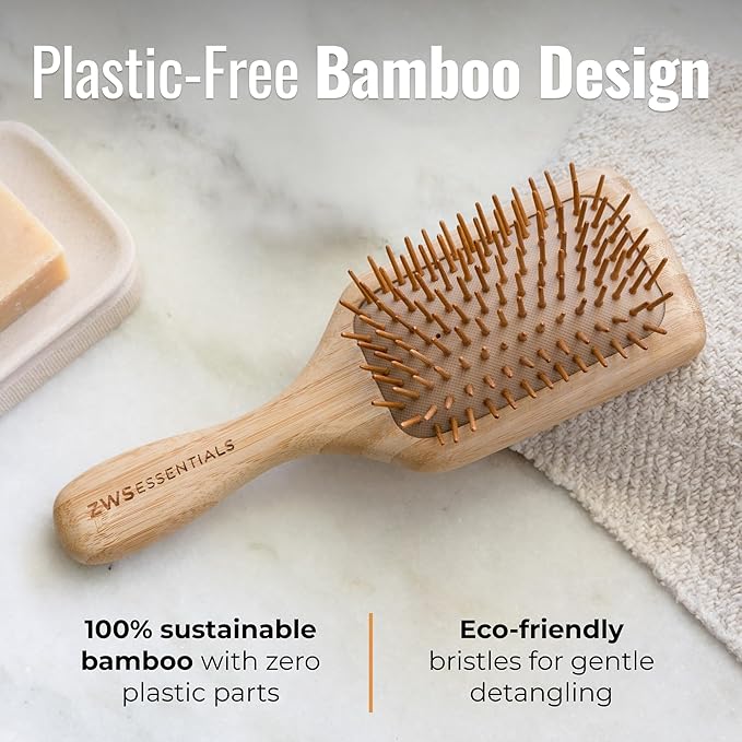 ZWS Essentials Bamboo Hair Brush | Sustainable Detangling Hairbrush for All Hair Types | Natural Scalp Massage Brush with Eco-Friendly Bristles for Smooth, Frizz-Free Styling by Zero Waste Store