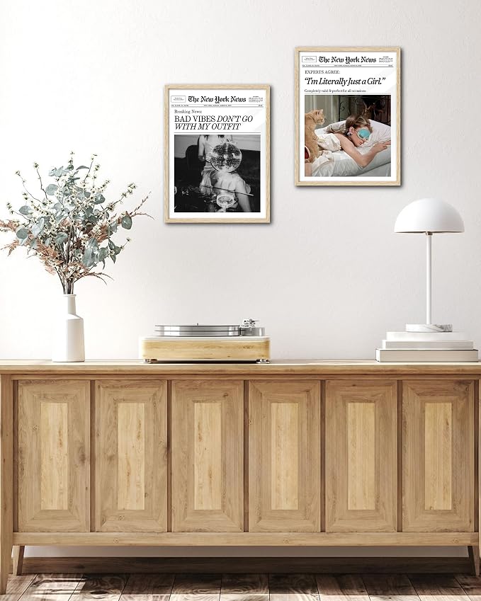 EcoHest Small 8x10 in Bad Vibes Don't Go With My Outfit Framed Wall Art | Natural Oak Wood Frame, Canvas Wall Art, Disco Fashion Newspaper Wall Decor for Bedroom, Apartment, Dorm, College Room, 1Pack