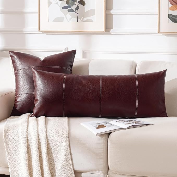 Fancy Homi Burgundy Boho Long Lumbar Faux Leather Decorative Throw Pillow Covers 14x36 Inch for Living Room Couch Bed Sofa, Hand Stitched Rectangle Cushion Case, Rustic Modern Farmhouse Home Decor