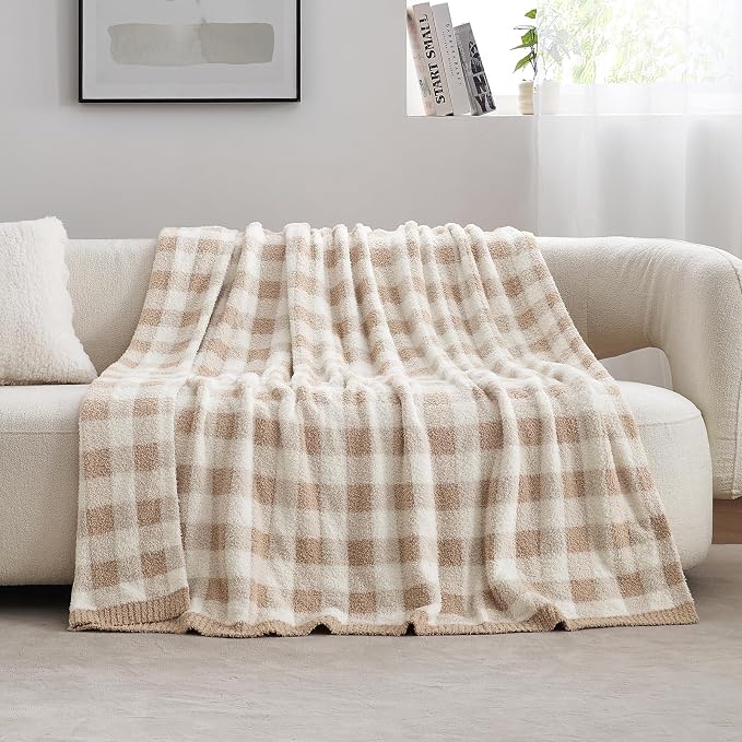 Snuggle Sac Buffalo Plaid Bedding Blanket Twin Size, Super Soft, Cozy Warm Knit Decorative Blankets, Reversible Plaid Fluffy Throws for Bed, Plaid Beige, 60x80 Inches