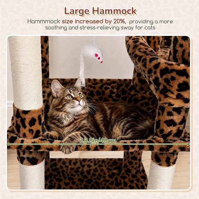 Globlazer Large Perch Leopard Cat Tree, 65in Sturdy Cat Scratching Tree for Indoor Cats Large Adult, Big Cat Tower with 3 Padded Perches, 6 Scratching Posts, Cat Condo, Hammock, S65, Leopard Print