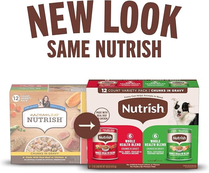 Nutrish Chunks in Gravy Variety Pack Wet Dog Food, 13 oz. Can (Rachael Ray) | Chicken & Veggies and Beef & Veggies Recipes, Natural Dog Food with Added Vitamins, Minerals and Nutrients (Pack of 12)