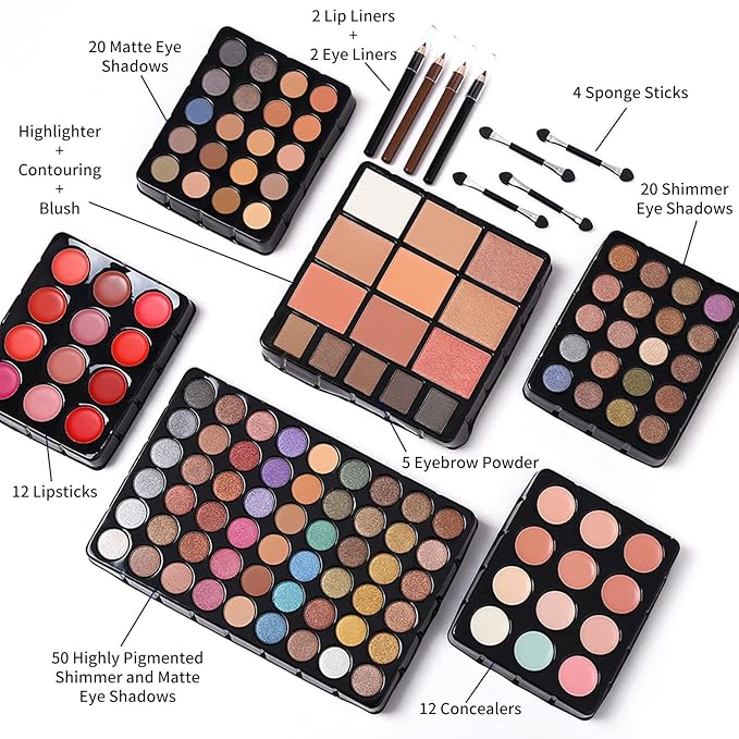Makeup Gift Set For Women Girls, All in One Full Makeup Kit with Eyeshadow, Lip Gloss, Concealer, Blush, Contour, Highlighter Face Brushes Liquid Lipsticks Eyebrow Pen Eyeliner Pencil Sponge