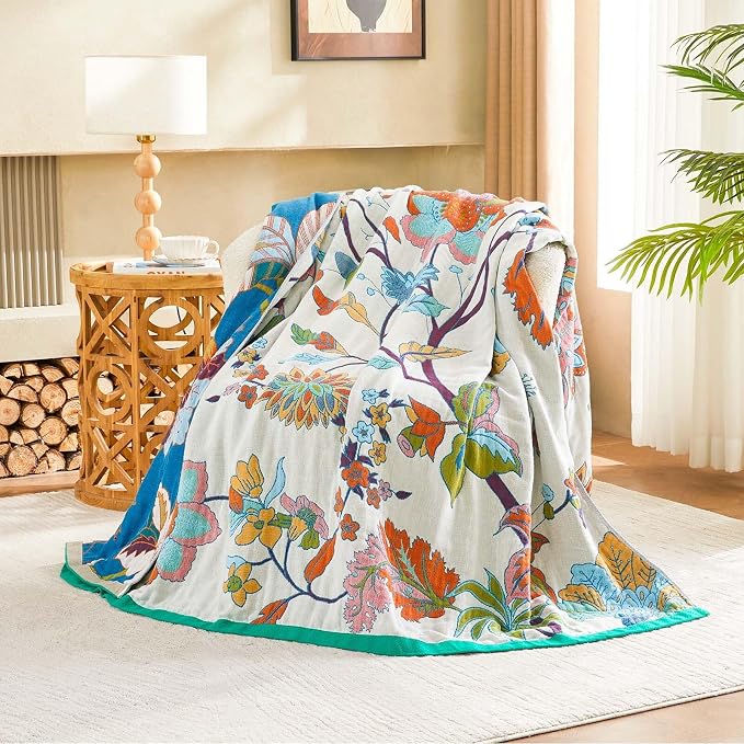 XIBLC Summer Throw Blanket, 90"x98" Reversible Bohemian Flower Blanket, 100% Cotton Muslin Breathable Woven, Farmhouse Decorative Throw Blanket