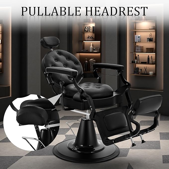 Vintage Barber Chair for Barbershop, Heavy Duty Reclining Salon Chair for Hair Stylist, Professional Hydraulic 360° Swivel Beauty Spa Hairdressing Styling Equipment, 550 lbs Capacity, Black