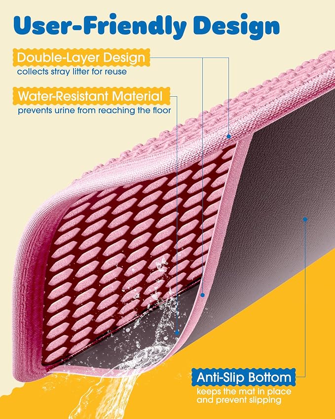 Powools Cat Litter Mat, 23.2 x 14.6 in, Waterproof, Non-Slip, Pink | Litter Trapping Mat, Easy to Clean, Litter Box Mat, Urine-Proof, Cat Toilet Training Systems Accessories, Indoor Cats